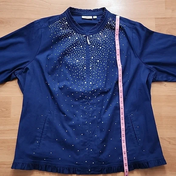 Quacker Factory Sparkle Stretch Embellished Ruffle Navy Blue Jacket - Picture 3 of 13